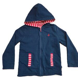 Jojo Maman Bebe Boys Reversible Hoodie Solid Navy Red Ecru Stripes 4-5 Years